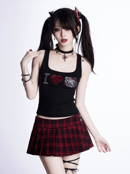 Waist Mini Black Pleated Skirt Red Plaid Low Glamorous