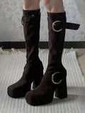 Details Brown Square Boots Toe Heel Knee-High with High Inner Zip Block Closure Buckle Platform