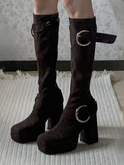 Details Brown Square Boots Toe Heel Knee-High with High Inner Zip Block Closure Buckle Platform