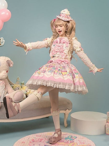 and Pink Sweet Lolita Bunny Print Dress Overall White Cupcake