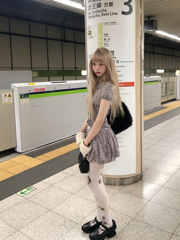 Pattern Collar Floral with Blouse Puff Short Plaid Sleeve Peter Pan