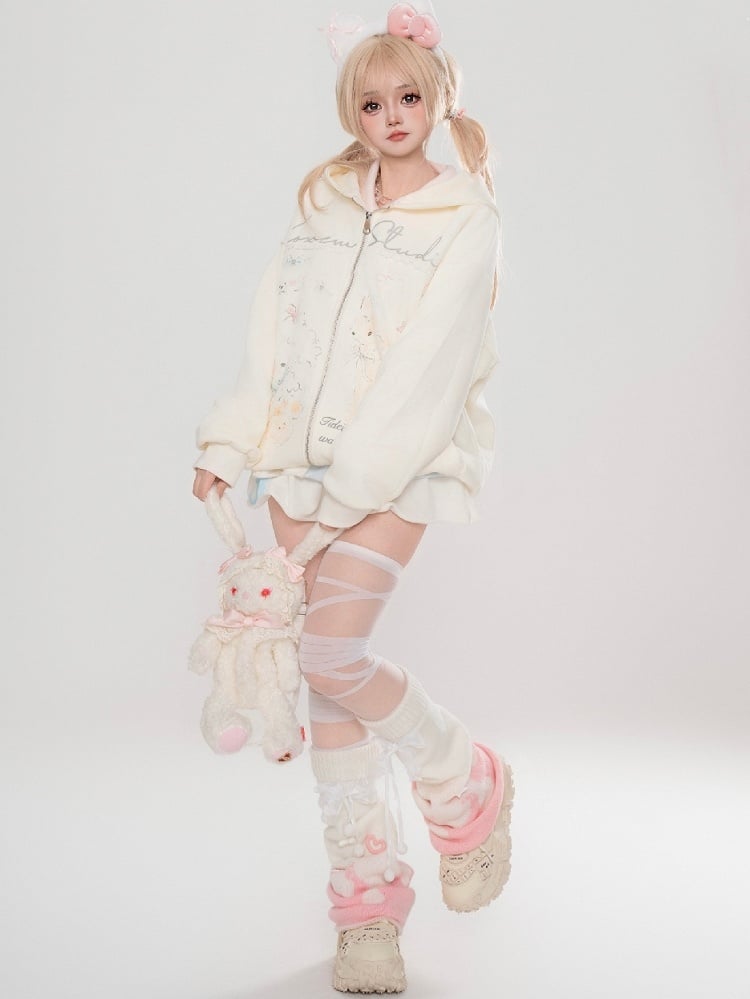 Grau/Weißer Frühlings-Kapuzenpullover mit Cartoon-Tiermuster