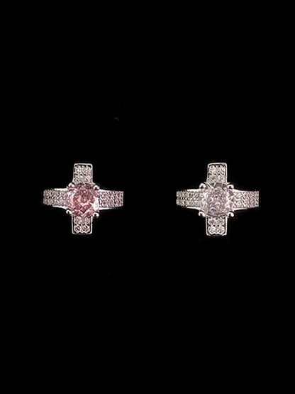 Silver and Pink Gothic Cross Ear Cuff with Rhinestones - Insomnia Artist