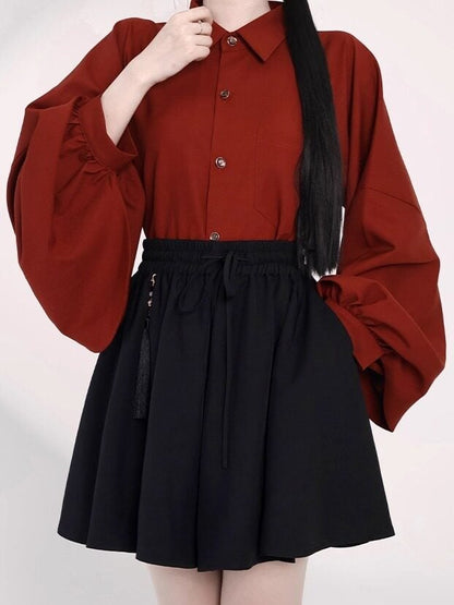 Black Drawstring Elastic Waist Skort Tassel Decoration - Feng Hua Gui Guo Ling