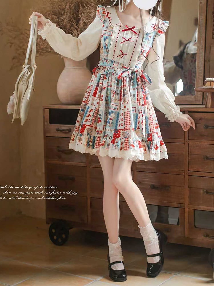Red with Style Patchwork Long Lolita Blue Showa Dress: Sleeve Belt Sweet Waist Retro