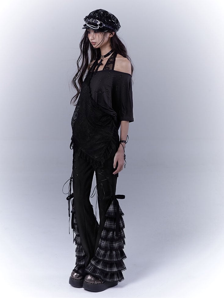 Black Lace-Up Plaid Cuff Slim Pants - WSW No Body