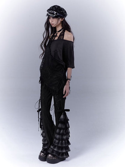 Black Lace-Up Plaid Cuff Slim Pants - WSW No Body