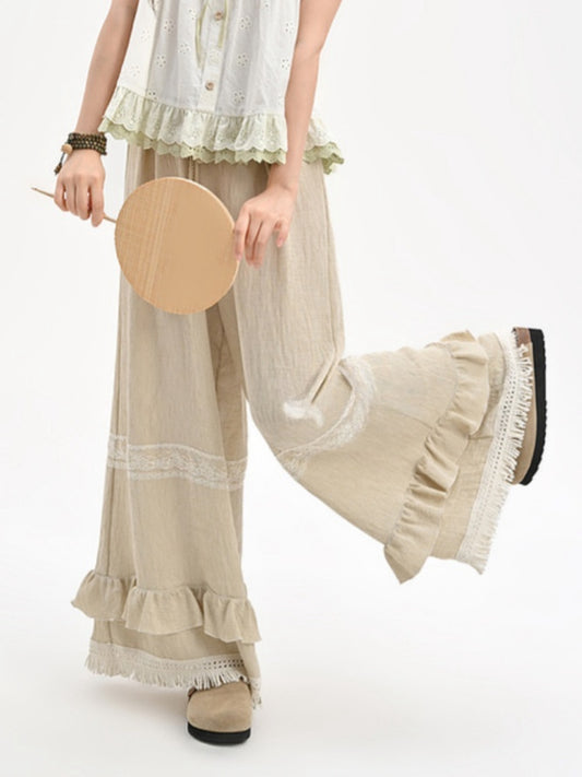 Khakifarbene, gerüschte Flachs-Manschetten mit Quastenbesatz und Kordelzug, normale/kurze Taille, Hose mit weitem Bein