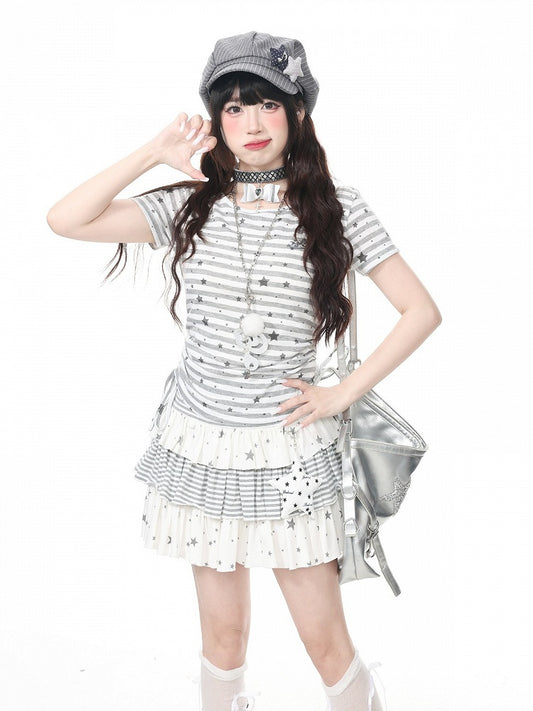 Gray Striped Star Pattern Tee with Drawstring - Languid Park