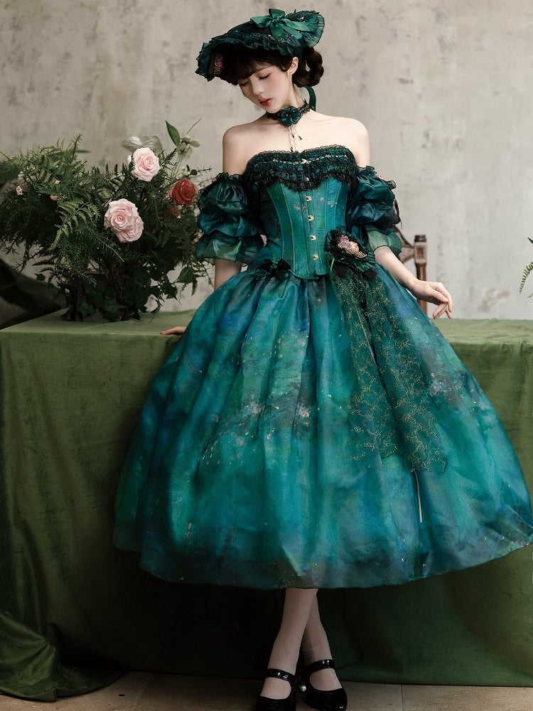 Green Vintage Oil Painting Vibes Boned Corset Top with Deatchable Straps