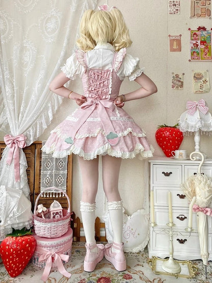 Details Pink Lace with Light Bow Dot Sweet Strawberry JSK and Lolita Polka Themed Dress