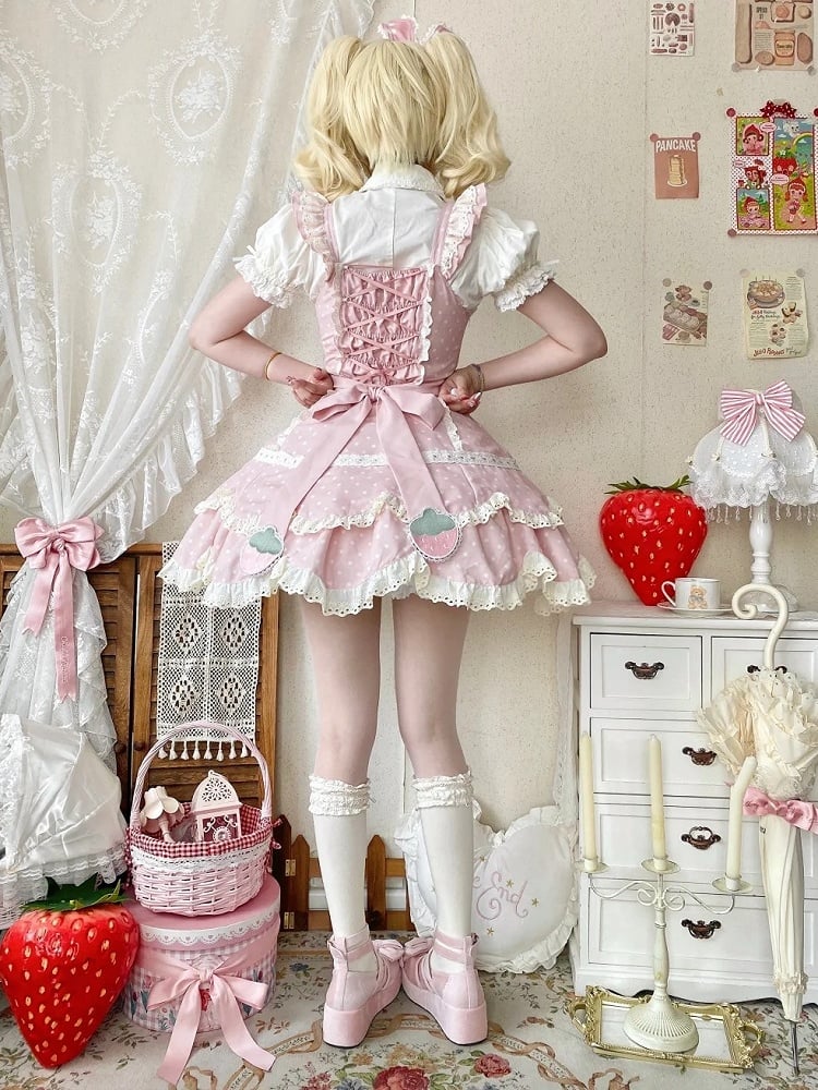 Pink + Bonnet Lolita with Ear and Dress Themed Strawberry JSK Full Polka Bunny Hairband Set Dot Light Bow Lace Details Choker Sweet