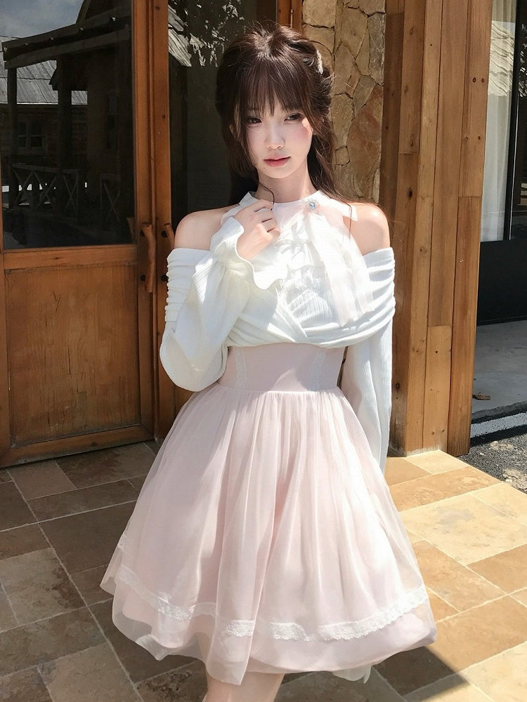 Seiso-kei Halter Off Shoulder Long Sleeve Mesh Dress in Pink and White with Ruffles and Bow Tie - LA LA JK