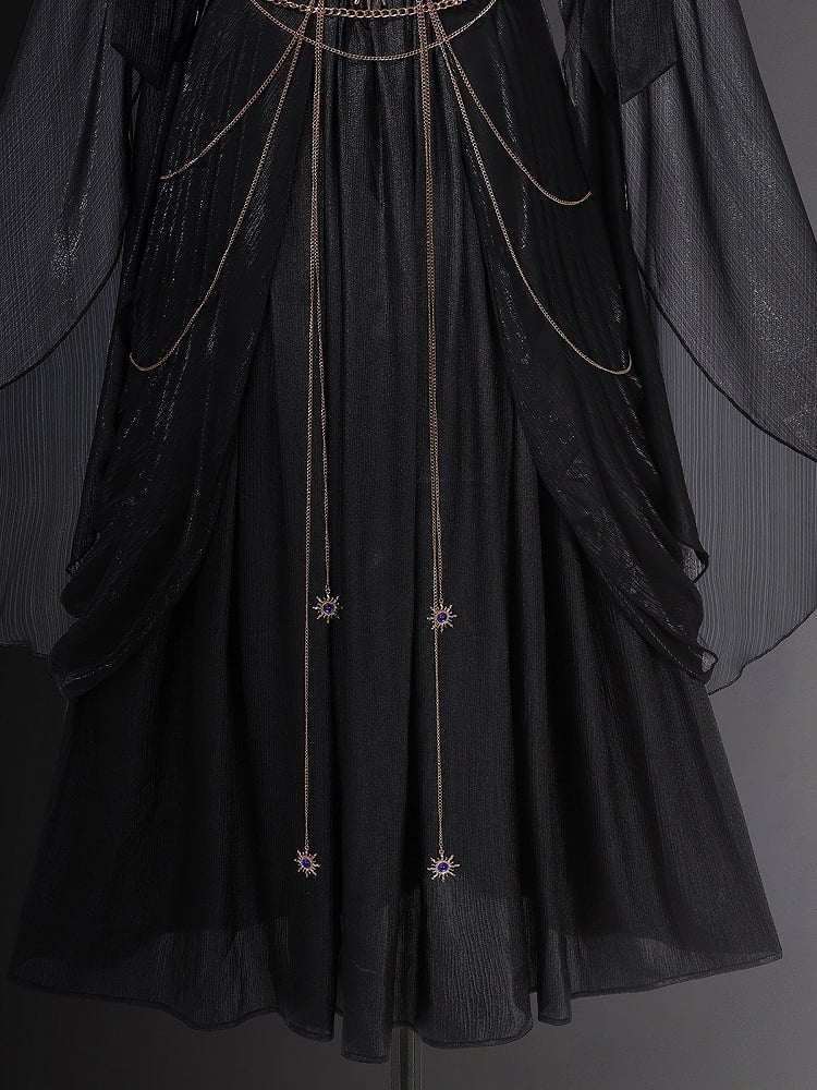 Embroidery Flowing and Sleeves Dress Black Golden Lolita Greek-inspired Chain Accents with