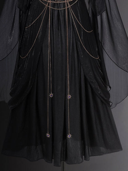 Embroidery Flowing and Sleeves Dress Black Golden Lolita Greek-inspired Chain Accents with
