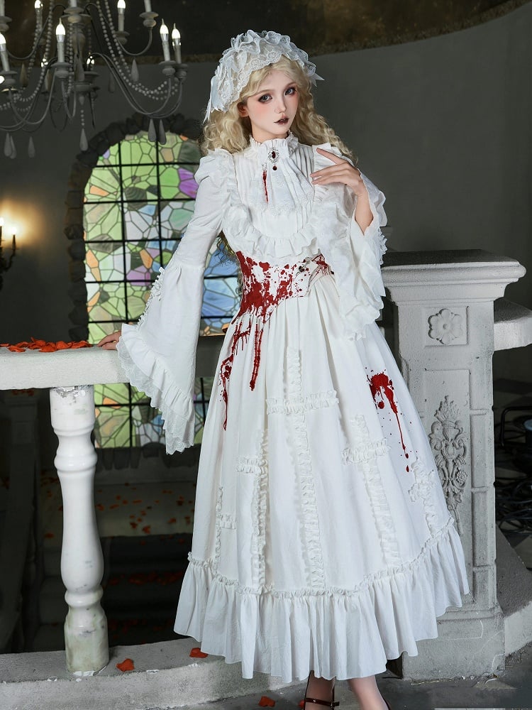 Glocke Gothic Lang Asymmetrisch - Version Korsett Brosche Lolita Gürtel Ärmel OP Jabot Weiß + Set