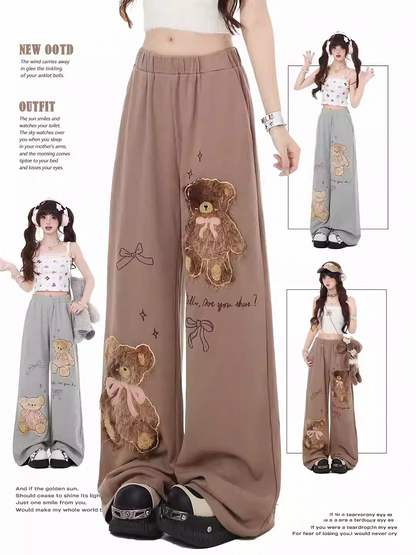 Kaffee/Graue Plüschhose mit Teddybär-Applikation und geradem Bein