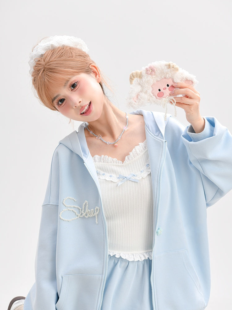 Yume Kawaii Blue Plush Lamb Knitted Floral Zip Closure Hoodie