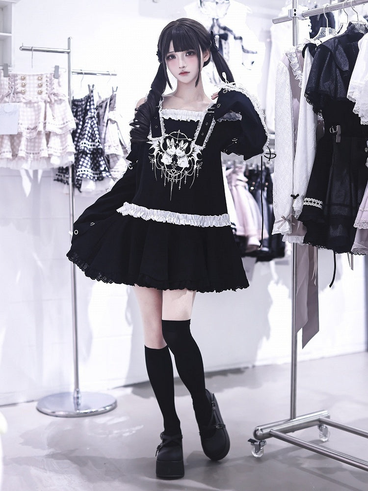 Bunny Print Black Off-Shoulder Long-Sleeve Jirai Kei T-Shirt Dress with Ruffles - Ekomi