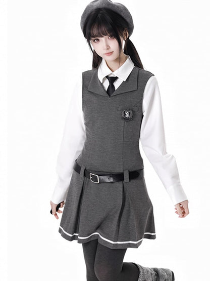 Dark Grey Preppy Sleeveless Above Knee Knitted Dress With A Buckle Belt