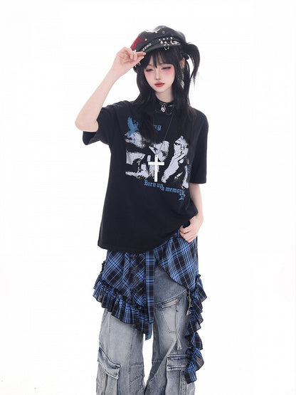 Punk Kawaii Black Round Neck Short Sleeve T-shirt with Portrait Print - KNOW8 Online Shop