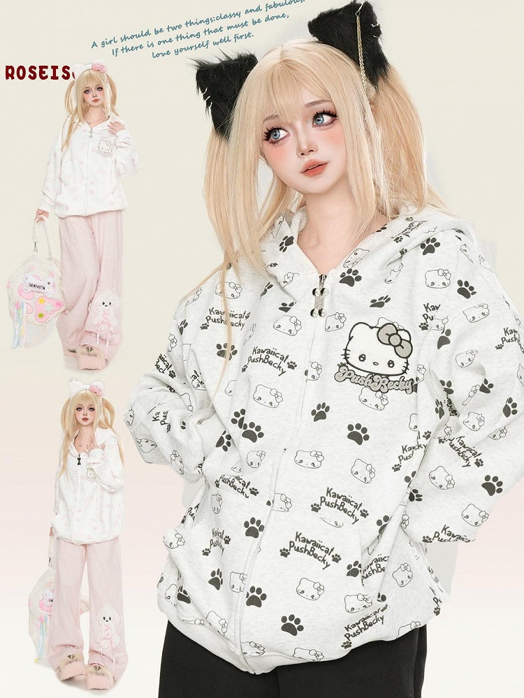 Schwarz/Rosa/Hellblauer Kapuzenpullover mit Kätzchen-Allover-Print