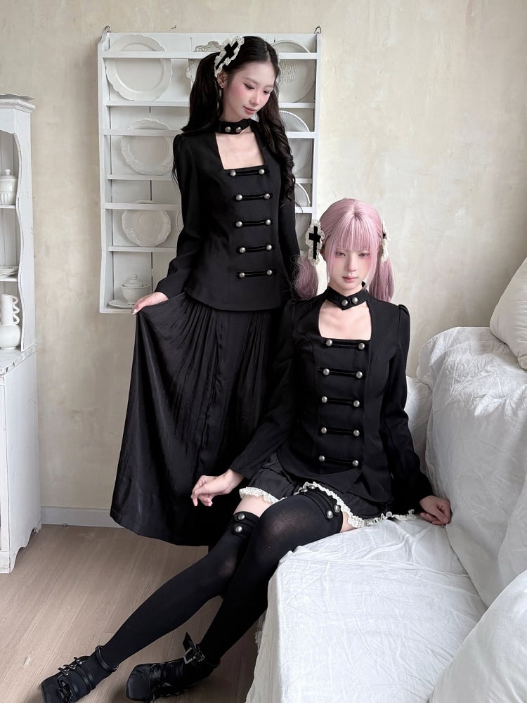 Gothic Black Double-Breasted Stand-Collar Blouse - Damn Girl