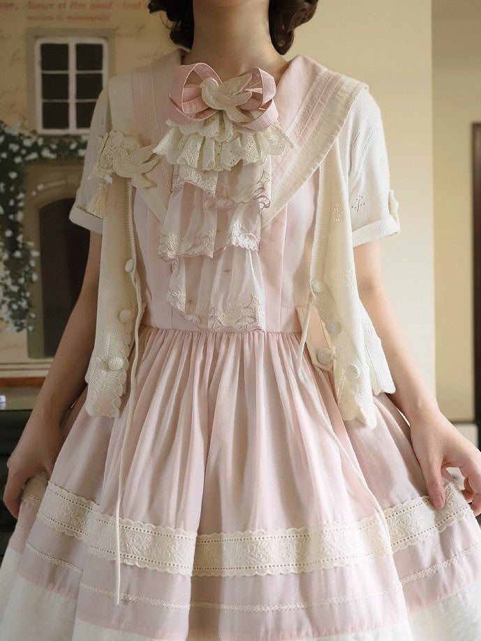 with Scalloped Beige Knitted Perforated Lolita Cardigan Short-sleeved Edge Trim