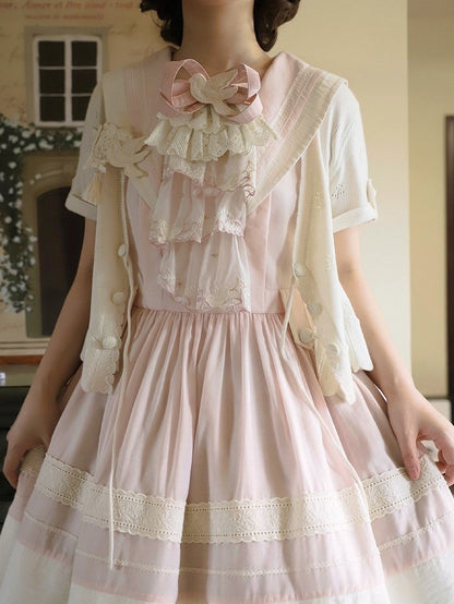 with Scalloped Beige Knitted Perforated Lolita Cardigan Short-sleeved Edge Trim