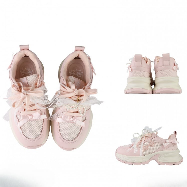 Front Lace-up Details Ties Sneakers Bowknot Decorated Beaded Pink