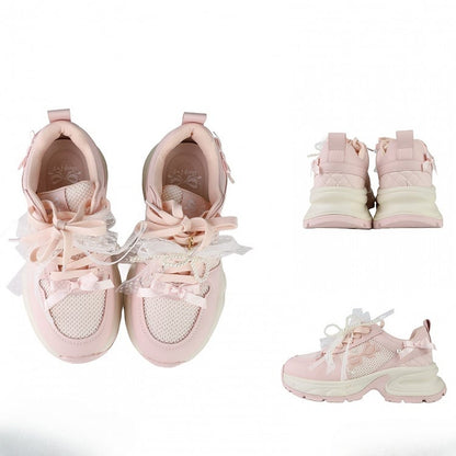 Front Lace-up Details Ties Sneakers Bowknot Decorated Beaded Pink
