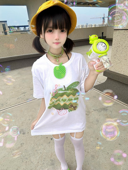 Green Apple Print White Round Neck Cotton T-Shirt Apple Choker Free with