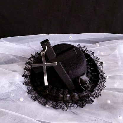 Black Cross Lace Gothic with Hat Accents Rose Mini
