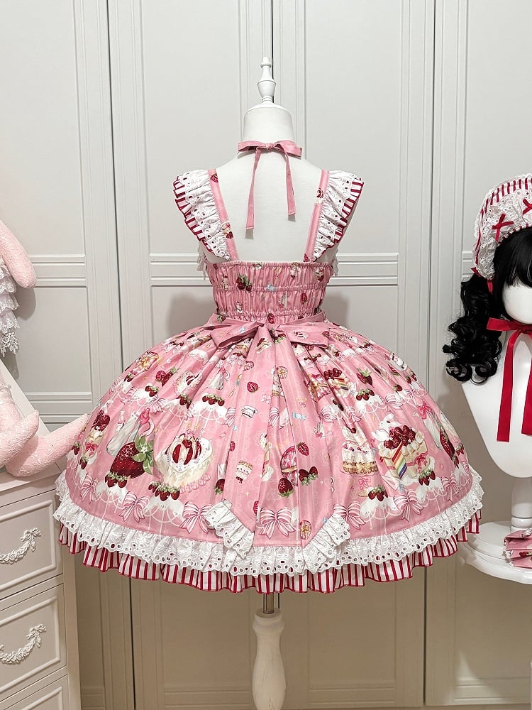 Schleifen süßer Rock und Dessert Lolita Pullover Print Erdbeerrosa