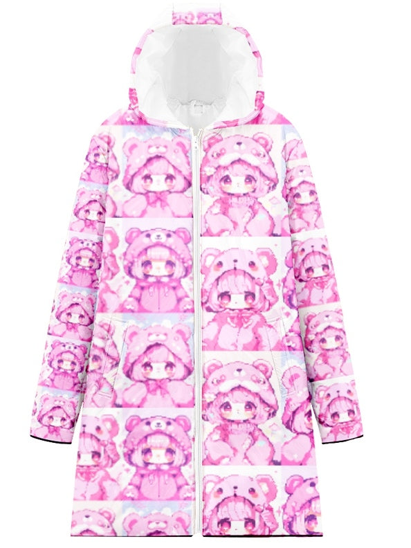 Puffer Jacket Pink Y2K Cartoon Print Hooded