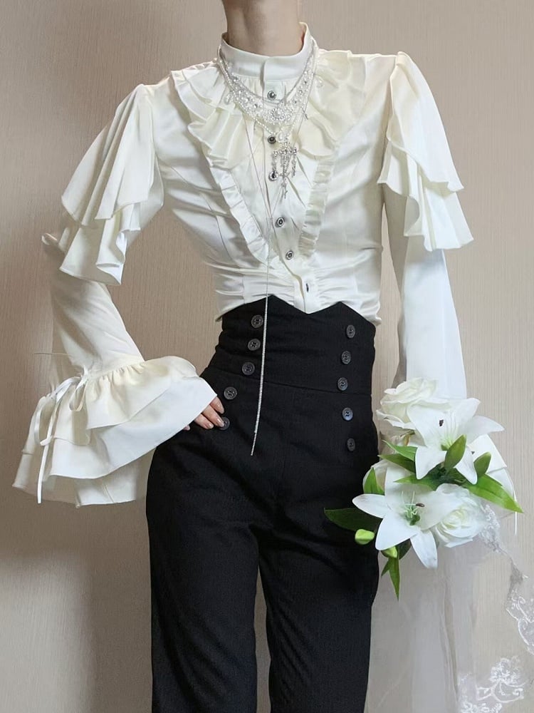 Blouse Ouji Lolita White Shoulder Aristocrat with Cascading Panels Ruffle