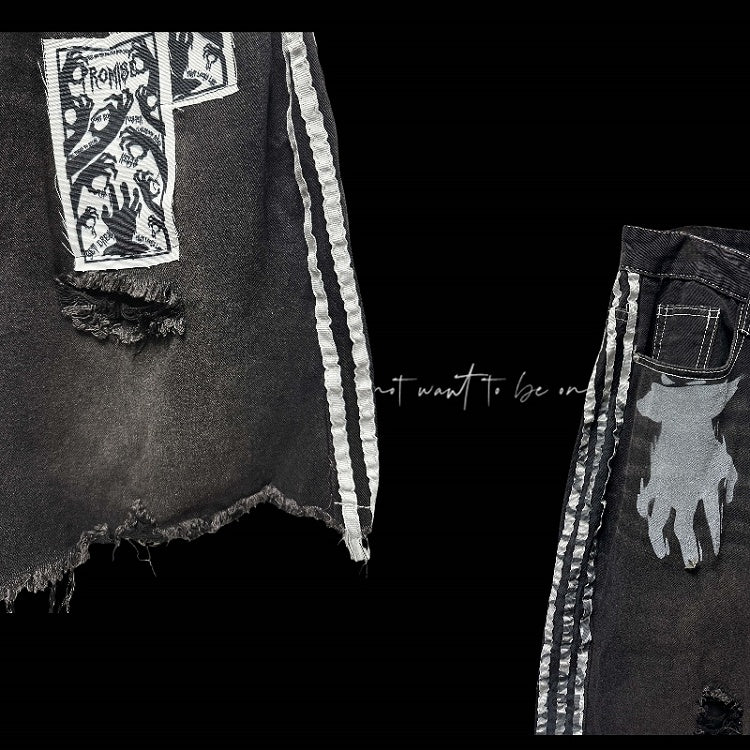 Embellished Distressed Holes Stripes Raw Hem Appliques Black  White Denim Shorts