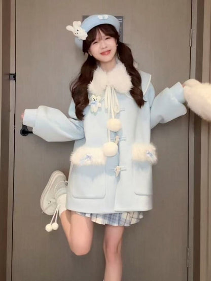 Faux Sweet Lolita Trim and Accents Coat Fur Blue Pom-Pom with Winter