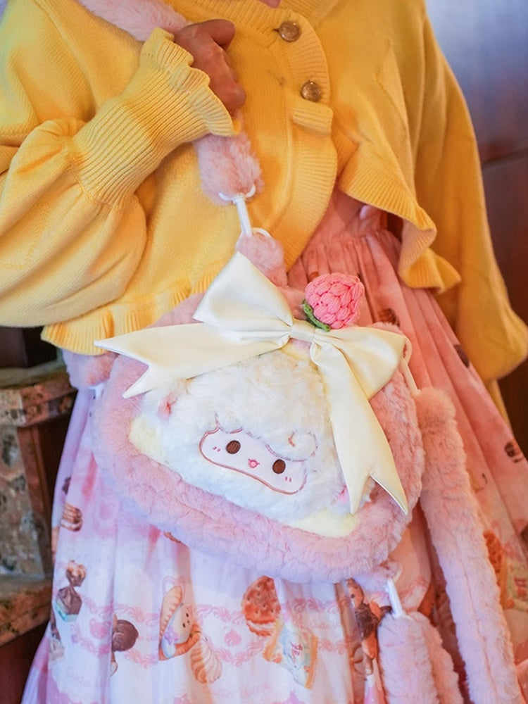 Pink Decorated Lamb Backpack Plush Bowknot