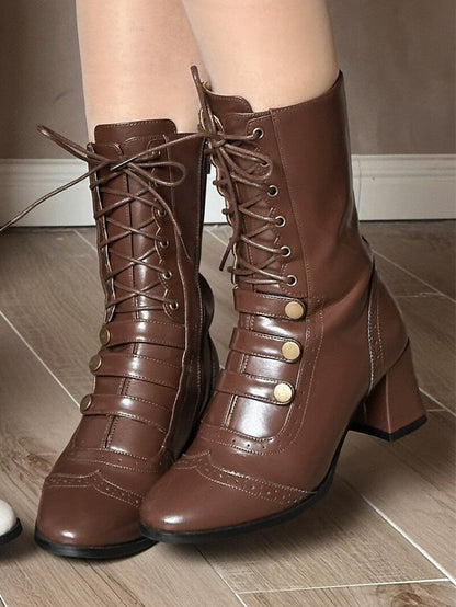 Retro Style Brown Lolita Mid-Calf Boots with Lace-up Detail & Buckle Accents - MODO