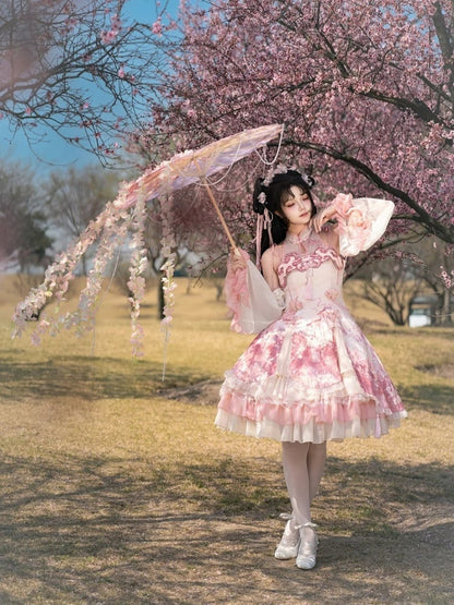 Dress Qi Cheongsam Sakura Skirt Lolita Print Jumper Pink Style