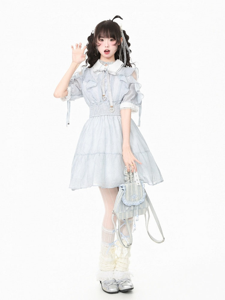 Dusty Blue Mesh Cut-Out Shoulder Dress with Ruffles