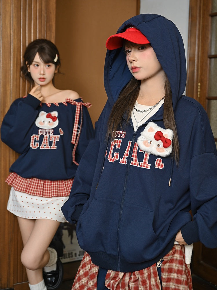 Red Asymmetrical Neckline Kitty Embroidery Applique Navy Plaid Self-tie Sweatshirt Straps at Blue