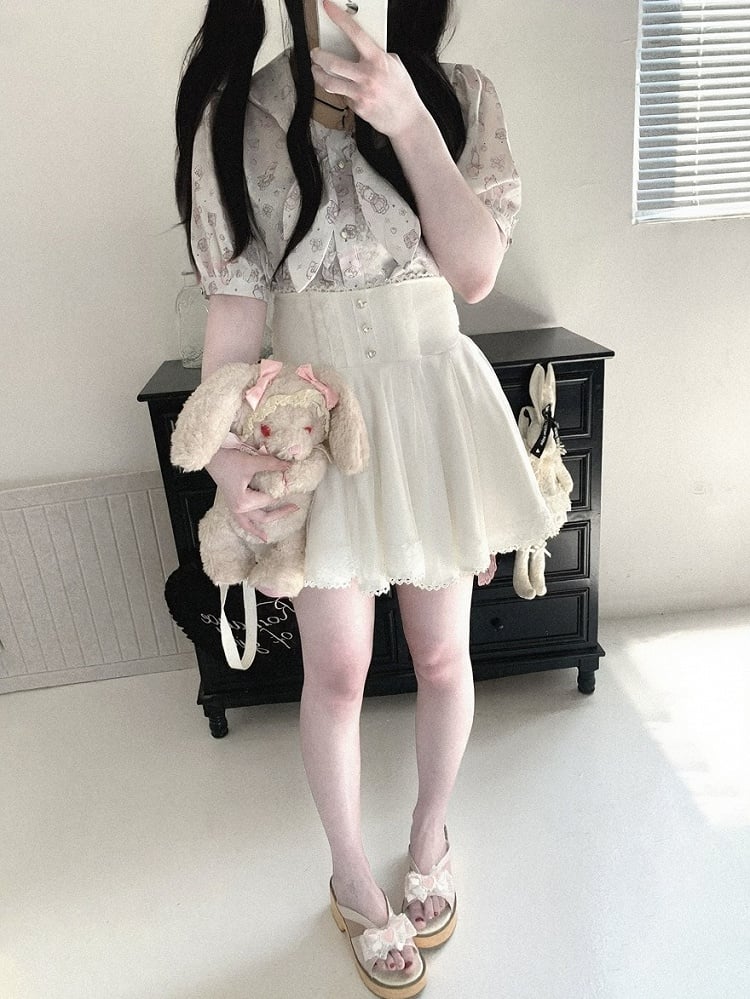Bunny Ear Bow Collar Blouse, Short Sleeve, Pink & White Print - Kitty Bxllet