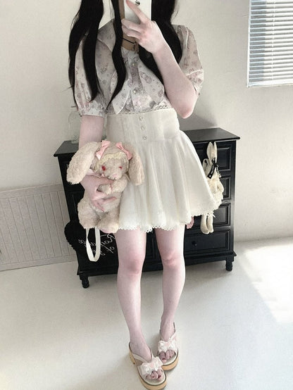 Bunny Ear Bow Collar Blouse, Short Sleeve, Pink & White Print - Kitty Bxllet