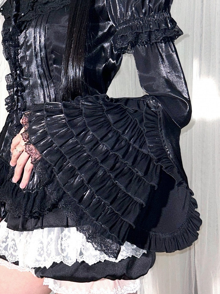 Trimmed Cuff Black with Sleeves Detachable Six-Layer Tiered Ruffles Lace Elastic Bell