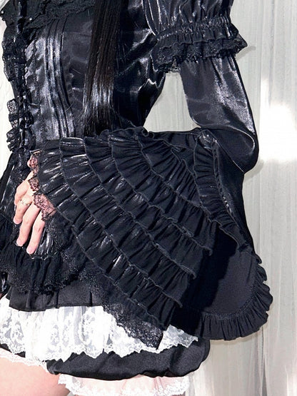 Trimmed Cuff Black with Sleeves Detachable Six-Layer Tiered Ruffles Lace Elastic Bell