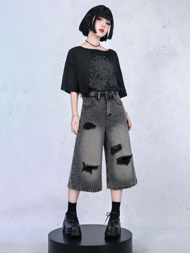 Black Detachable Sleeve UV Tee with Sea Lily Print - Quirky Hut