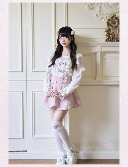 Pink White Rhinestones Bowknots Blouse Jirai Kei Sailor Collar Ruffled Lace Trim