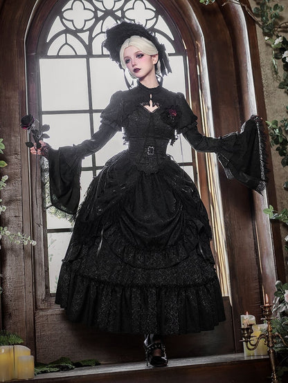 Lolita Drapery Bolero Top Waist + Black Corset Drawstring Brooch Gothic Long Skirt